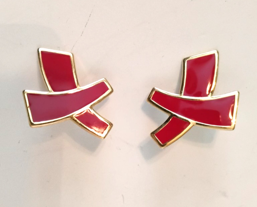 Vintage Monet Red Enamel X Shape Stud Earrings Geometric Gold Tone